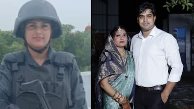 Left: Delhi Police SWAT Commando Kajal Chaudhary; Right: Kajal with husband and accused Ankur Chaudhary (Credits: News18)