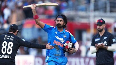 KL Rahul acknowledges the crowd after end of Indian innings in Rajkot. (AP Photo) 
