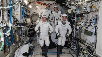 (From L-R) NASA astronaut Mike Fincke, Roscosmos cosmonaut Oleg Platonov, NASA astronaut Zena Cardman, and JAXA (Japan Aerospace Exploration Agency) astronaut Kimiya Yui are returning to Earth. (AP)