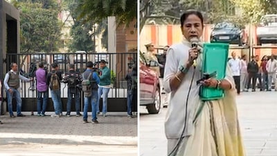 West Bengal Chief Minister Mamata Banerjee (right) addresses the media as she arrived at the residence of I-PAC chief Pratik Jain amid an ongoing ED raid, in Kolkata on Thursday. (PTI)