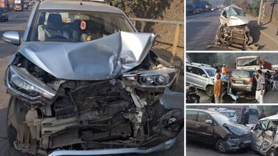 The multi-vehicle collision at Thane's Ghodbunder Road. (News18 Marathi)