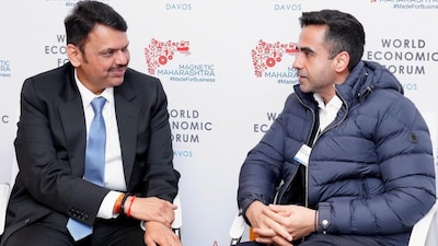 Maharashtra CM Devendra Fadnavis during a meeting with Zerodha Co-Founder Nikhil Kamath, on the sidelines of the World Economic Forum (WEF) Annual Meeting 2026, in Davos, Switzerland. (X/PTI)