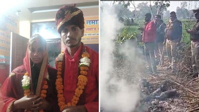 The Etah couple (left); police at the spot in Kasganj. (News18)