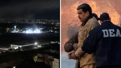 (Left) Smoke raises at La Carlota airport after explosions and low-flying aircraft were heard in Caracas; Captured Venezuelan President Nicolas Maduro is escorted in the US. (AP/Reuters)