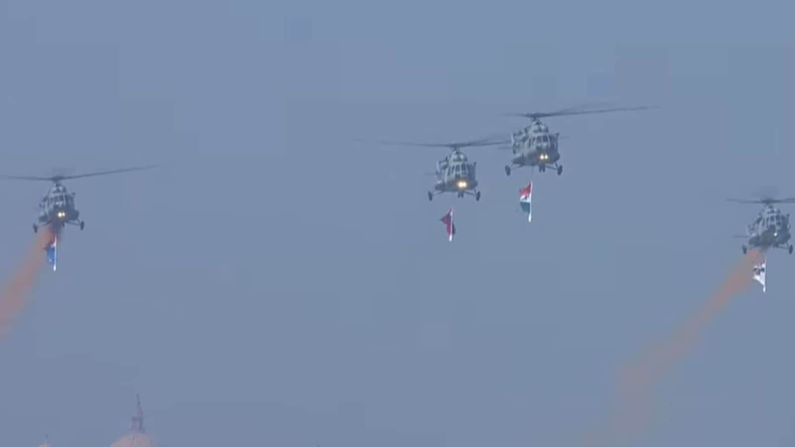 As the Republic Day parade got underway in the national capital, spectators witnessed a stunning aerial display known as the ‘Dhwaj Formation’. Four Mi-17 1V helicopters from the 129 Helicopter Unit flew overhead in a sharp inverted ‘Y’ formation, carrying the National Flag along with the service flags of the Indian Army, Indian Navy and the Indian Air Force.
