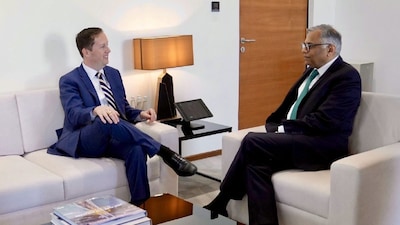 Sergio Gor, the newly appointed United States Ambassador to India, (left) meets Tata Group Chairman N Chandrasekaran.