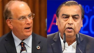 Mukesh Ambani and Larry Fink at the Jio BlackRock fireside chat. Image/News18