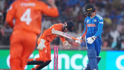 India's Abhishek Sharma, right, reacts after getting bowled out by Netherlands' Aryan Dutt during the T20 World Cup cricket match between India and Netherlands in Ahmedabad, India, Wednesday, Feb. 18, 2026. (AP Photo/Ajit Solanki)