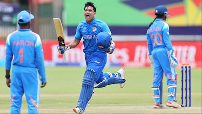 Faisal Shinozada celebrates after scoring 100 in U19 World Cup 2026 semifinal against India. (Picture Credit: X/@ZimCricketv)