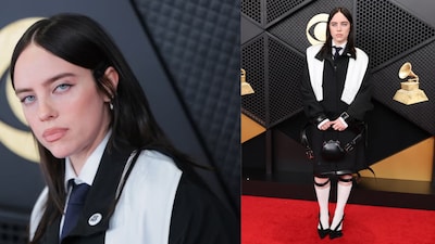 Billie Eilish arrives at the 2026 Grammys in a reconstructed Hodakova look, pairing sharp tailoring with an “ICE Out” pin that turned her red carpet moment into a quiet act of protest.