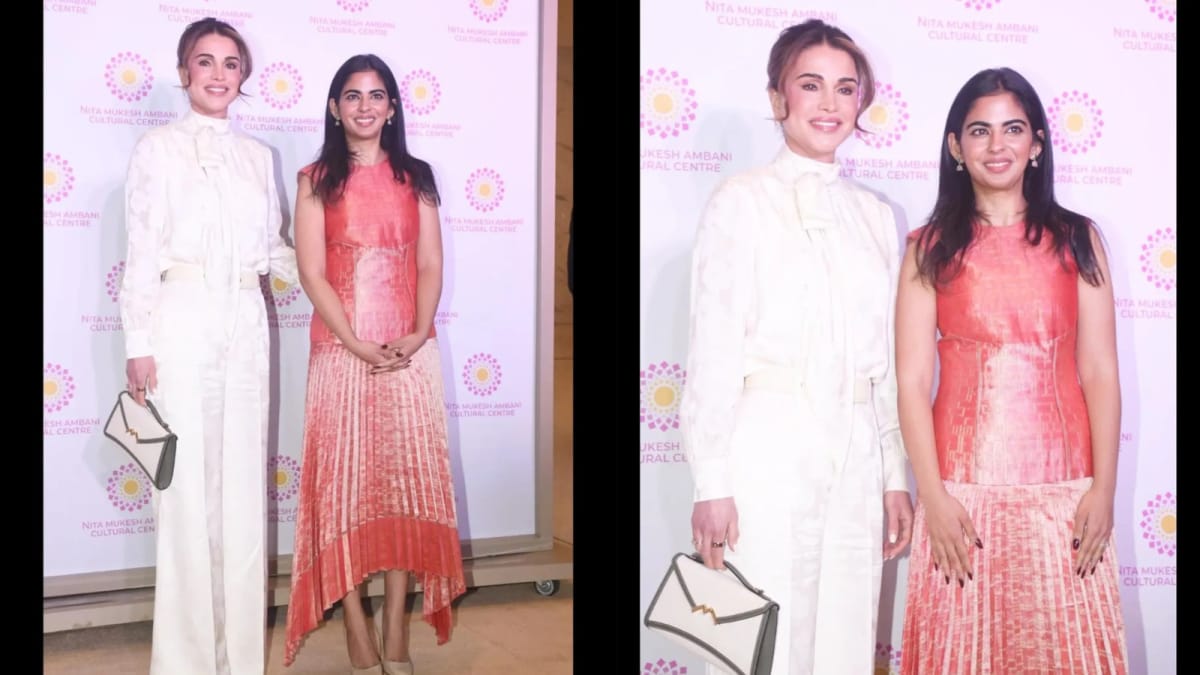 Isha Ambani Turns Heads In Sculpted Coral Couture At NMACC Roundtable With Queen Rania