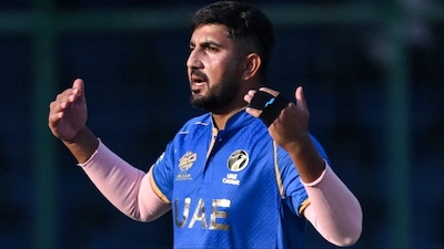 Junaid Siddique becomes first bowler from UAE to dismiss 5 batters in a T20 World Cup match. (Picture Credit: AFP)