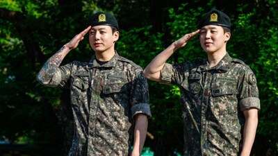 Jungkook (L) and Jimin of BTS after their release from 18 months of South Korean military service in June 2025. The BTS 'Army’ has reportedly 90 million fans worldwide. (Getty Images/ AFP File)