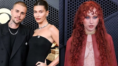 (L-R) Hailey Bieber wears Lorraine Schwartz, Chappell Roan wears Buccellati
