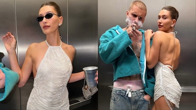 Hailey Bieber wears a custom mini dress by Ludovic de Saint Sernin.