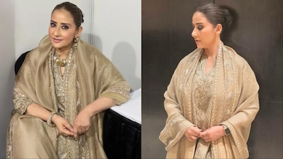 Manisha Koirala embraces regal elegance in an embroidered Chanderi silk set.