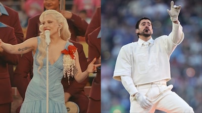 (L-R) Lady Gaga in Luar, Bad Bunny in custom Zara