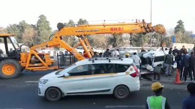 Highway authorities and police reached the spot to clear the mangled remains of the car. (ANI)
