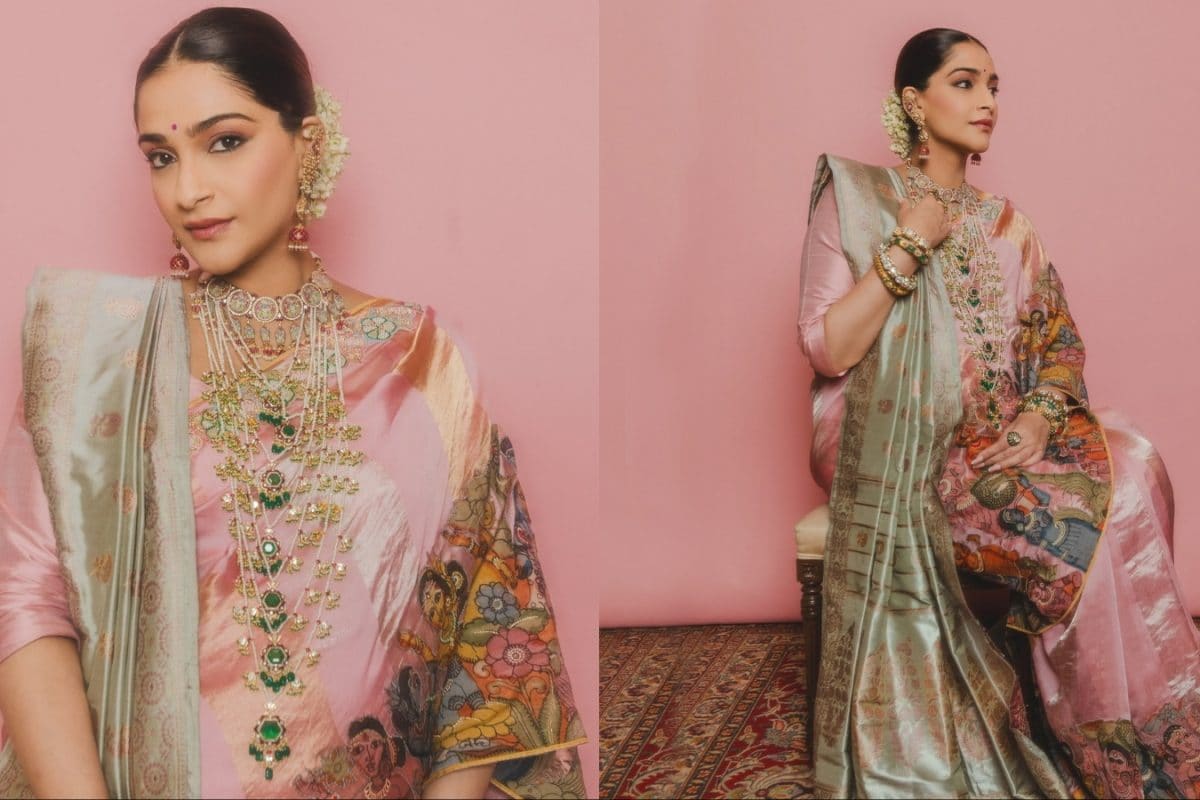Sonam Kapoor Layers Pink Kalamkari And Pistachio Baluchari Into A Single Sculptural Drape
