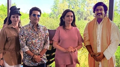 Nita Ambani with Sachin Tendulkar and Anjali Tendulkar in Jamnagar. 