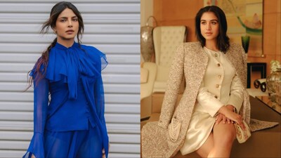 (L-R) Priyanka Chopra in Altuzarra for The Bluff Press Tour, Radhika Merchant in custom Chanel