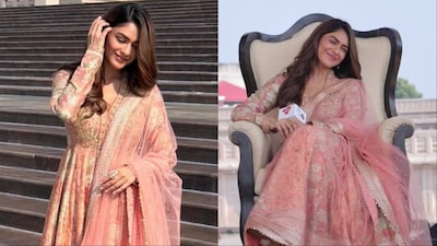 Mrunal Thakur wears a Ri by Ritu Kumar anarkali.