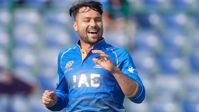 Muhammad Jawadullah celebrates after taking the wicket of Canada's Nicholas Kirton during the ICC Men's T20 World Cup 2026. (PTI Photo)