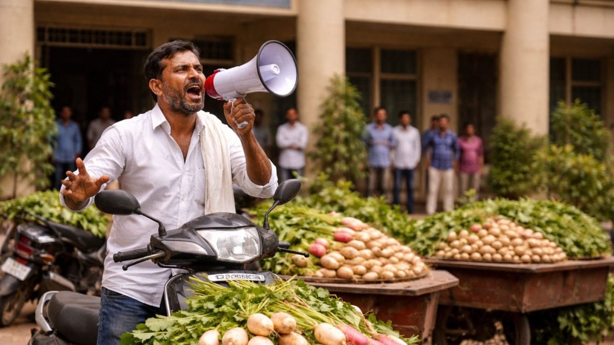 A Farmer, A Megaphone And His Radish Harvest Outside A Govt Office In Karnataka