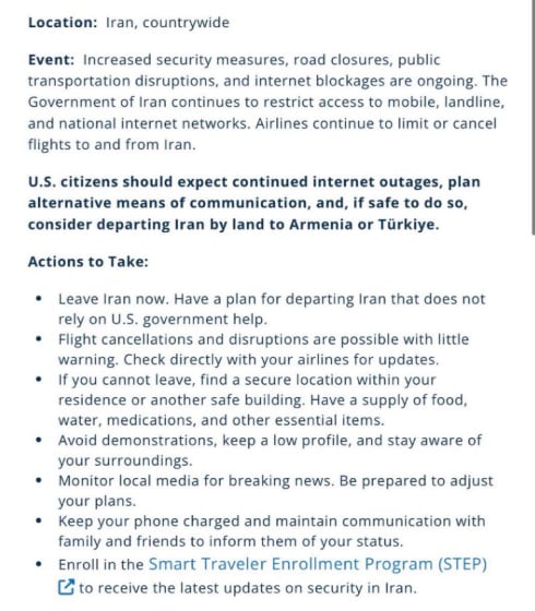 Alert by US Embassy in Iran 