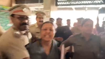 Kerala Health Minister Veena George was injured during a black flag protest by KSU at Kannur Railway Station.  (Image: X, screengrab of ANI video)