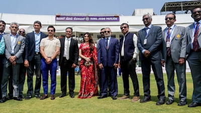 BCCI president Mithun Manhas, KSCA president Venkatesh Prasad, former cricketer Sunil Joshi with his wife and others during the unveiling ceremony of the Sunil Joshi Pavilion (PTI)