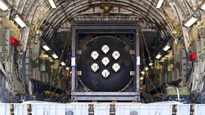 The Ward 250 - a nuclear microreactors loaded into the belly of a C-17 Globemaster III transport aircraft. Courtesy of U.S. Department of War
