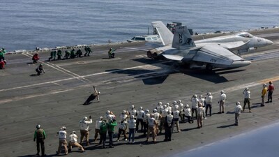 US-led negotiators Steve Witkoff and Jared Kushner watch flight operations on the deck of the Nimitz-class aircraft carrier USS Abraham Lincoln (CVN-72) in the Arabian Sea after talks with Iran. File pic