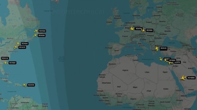 The flight paths appear as a continuous stream, forming what is described as a digital ‘air bridge' across the Atlantic. (X/@Osinttechnical)