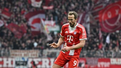 Bayern's Harry Kane celebrates after scoring his side's second goal during the German Bundesliga soccer match between Werder Bremen and Bayern Munich, in Bremen, Germany, Saturday, Dec. 14, 2026. (Carmen Jaspersen/dpa via AP)
