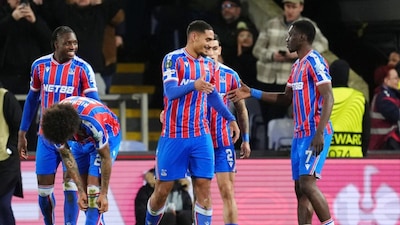 Crystal Palace's Maxence Lacroix, center, celebrates scoring during the Europa League knockout phase play-off second leg match between Crystal Palace and Zrinjski Mostar in London, Thursday Feb. 26, 2026. (Adam Davy/PA via AP)