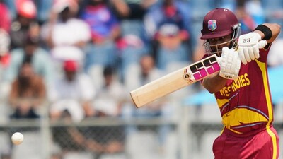 West Indies' captain Shai Hope plays a shot during the T20 World Cup cricket match between Nepal and West Indies in Mumbai, India, Sunday, Feb. 15, 2026. (AP Photo/Rafiq Maqbool)