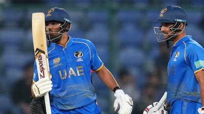 United Arab Emirates' Aryansh Sharma celebrates his fifty runs during the T20 World Cup cricket match between Canada and United Arab Emirates in New Delhi, India, Friday, Feb. 13, 2026. (AP Photo/Manish Swarup)
