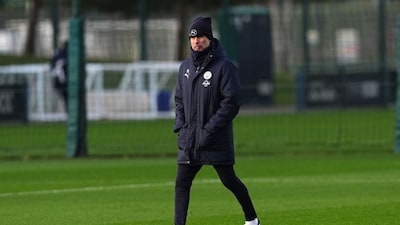 Manchester City manager Pep Guardiola attends a training session at City Football Academy, Manchester, England, Tuesday Jan. 27, 2026. (Martin Rickett/PA via AP)