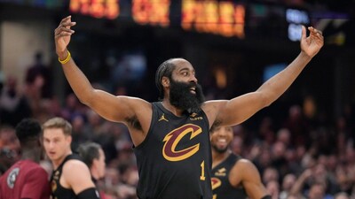 Cleveland Cavaliers guard James Harden (1) celebrates in the first half of an NBA basketball game against the Washington Wizards in Cleveland, Wednesday, Feb. 11, 2026. (AP Photo/Sue Ogrocki)