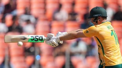 South Africa's David Miller plays a shot during the T20 World Cup cricket match between Afghanistan and South Africa in Ahmedabad, India, Wednesday, Feb. 11, 2026. (AP Photo/Ajit Solanki)