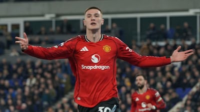 Manchester United's Benjamin Sesko celebrates after scoring during the Premier League soccer match between Manchester United and Everton in Liverpool, England, Monday, Feb. 23, 2026. (AP Photo/Ian Hodgson)