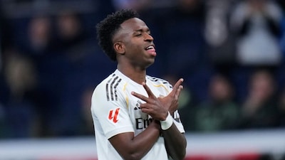 Real Madrid's Vinicius Junior celebrates scoring his side's 4th goal from the penalty spot during the Spanish La Liga soccer match between Real Madrid and Real Sociedad in Madrid, Spain, Saturday, Feb. 14, 2026. (AP Photo/Manu Fernandez)