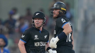 New Zealand's Tim Seifert, left, and Finn Allen run between the wickets during the T20 World Cup cricket match between New Zealand and United Arab Emirates in Chennai, India, Tuesday, Feb. 10, 2026. (AP Photo/Mahesh Kumar A.)