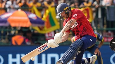 England's Phil Salt plays a shot during the T20 World Cup cricket match between Sri Lanka and England in Pallekele, Sri Lanka, Sunday, Feb. 22, 2026. (AP Photo/Eranga Jayawardena)