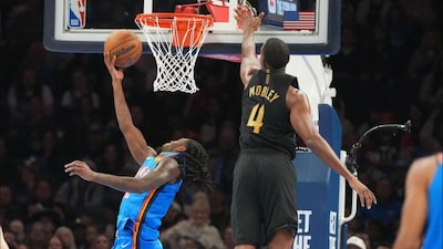 Oklahoma City Thunder guard Cason Wallace, left, goes up to shoot near Cleveland Cavaliers center Evan Mobley (Picture credit: AP)
