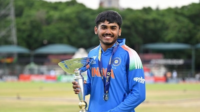 Ayush Mhatre with the 2026 U19 World Cup trophy (Picture credit: X @BCCI)