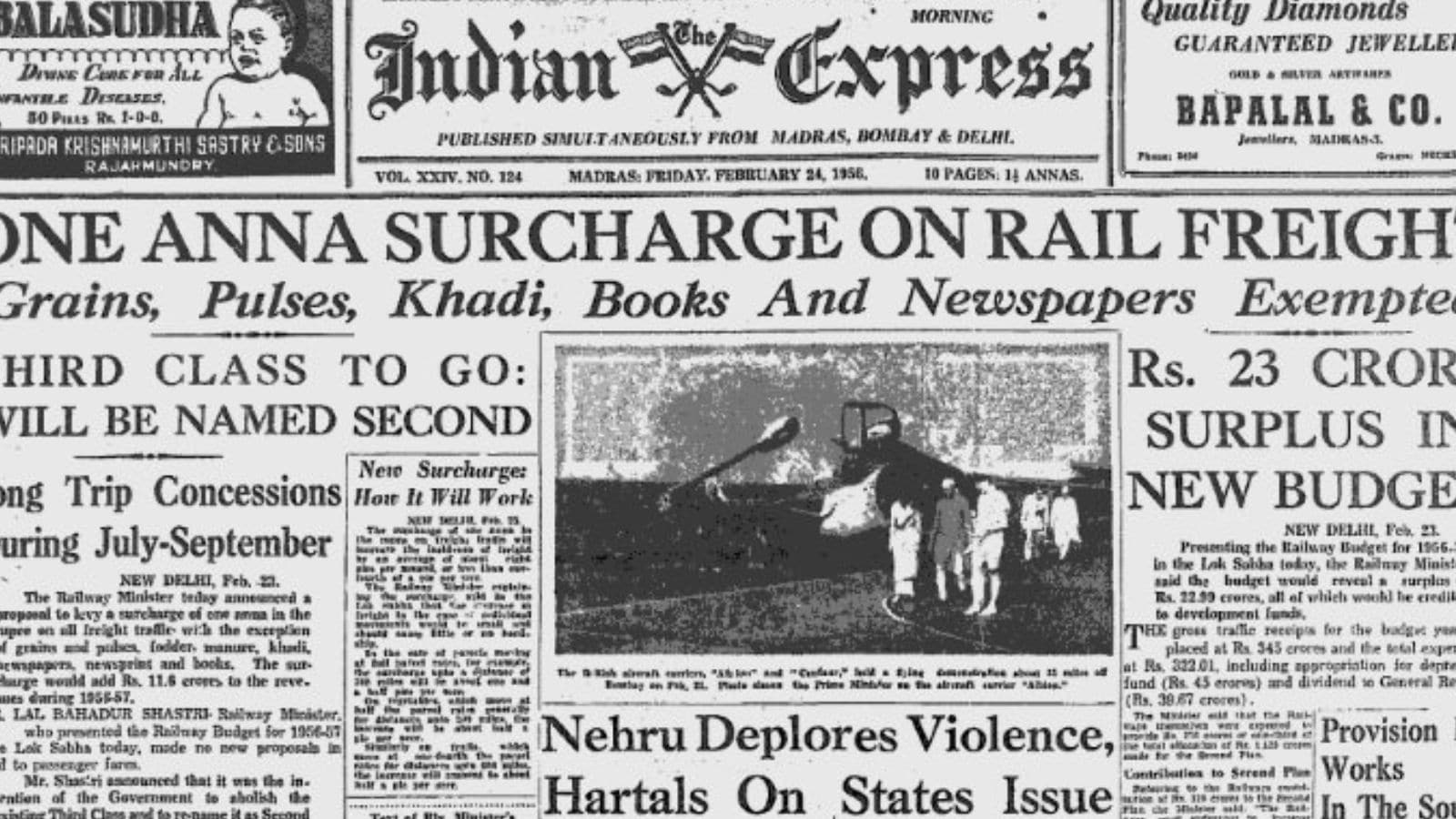  “One Anna Surcharge On Rail Frieght.” The sub-headline stated, “Grains, Pulses, Khadi And Newspapers Exempted.” Readers also learned that the railways had a surplus of Rs 20 crore. 