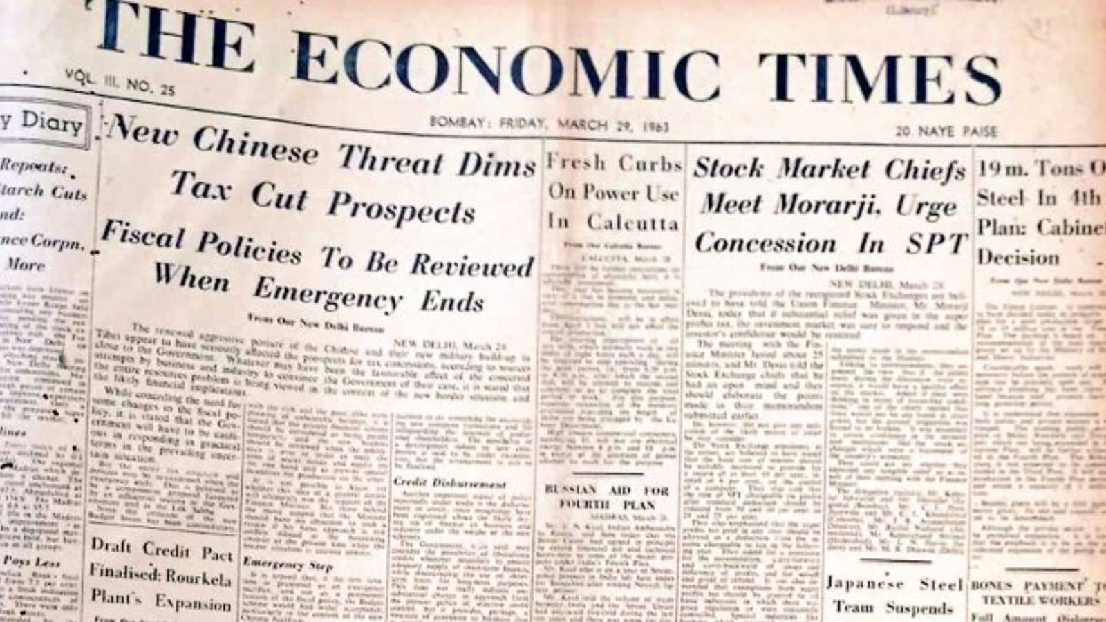  “New Chinese Threat Dims Tax Cut Prospects.” Reports explained how defence needs limited room for relief or tax reductions. Another article talked about how stock market investors were planning to meet Morarji and urge about concession in Sustainability Performance Tagets (SPT).” 