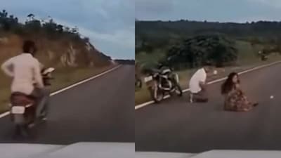 The couple was taking a selfie near a slope on the highway. (Photo Credit: X)